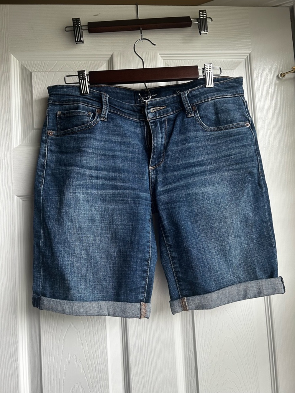 Lucky Brand Distressed Medium Blue Rolled Cuff Denim Bermudas